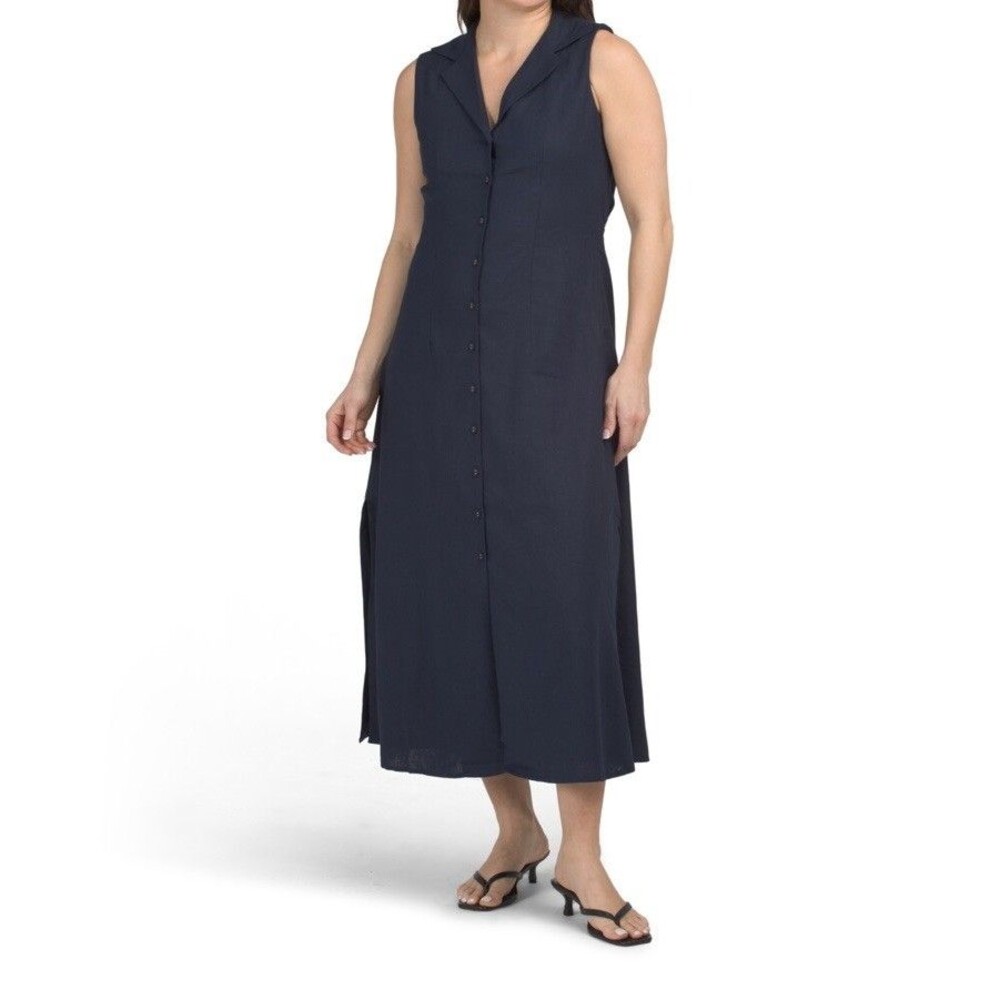 Magaschoni Small Blue Sleeveless Button-Front Linen Maxi Dress Minimalist Costal - Picture 2 of 14
